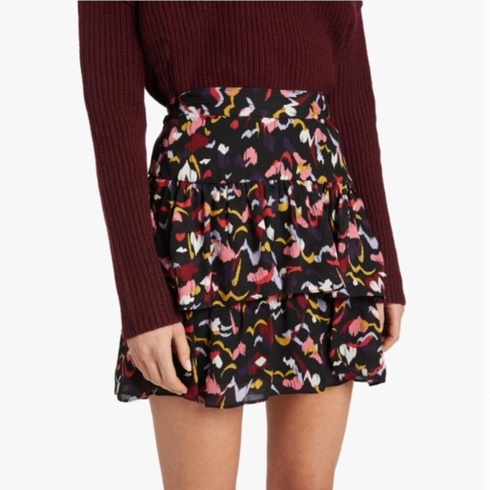 A.L.C. Baxter Black Printed Tiered Silk Mini Skirt